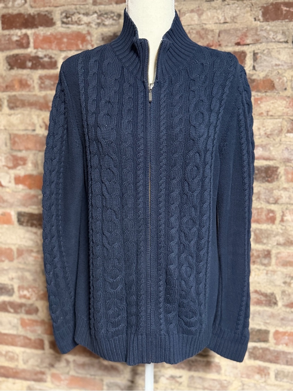 L.L. Bean Men's Navy Cable-Knit Zip Cardigan
